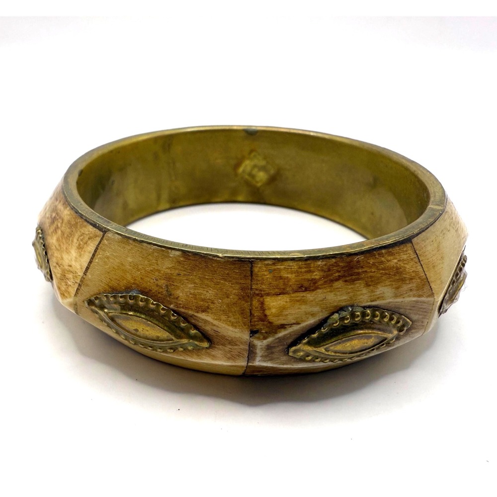 Vintage Bone and Brass Bangle Bracelet – Tribal Boho Statement Jewelry
